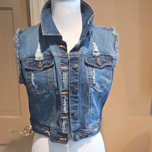 New Look Blue Distressed Sleeveless Jean Jacket